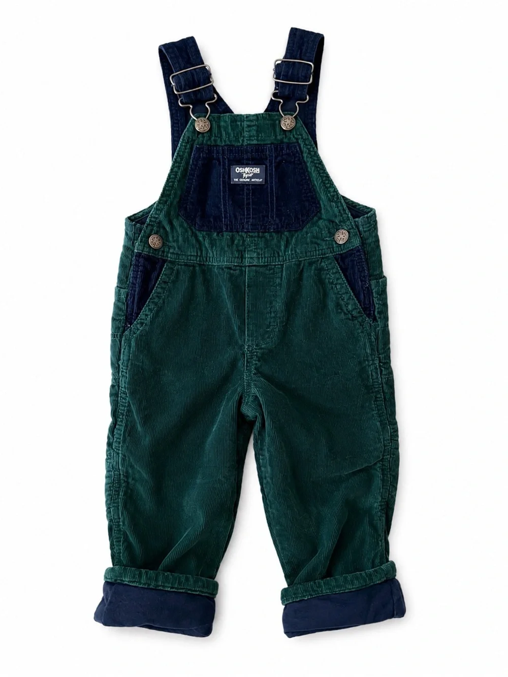 OshKosh B’gosh 2T Green & Navy Corduroy Lined Overalls